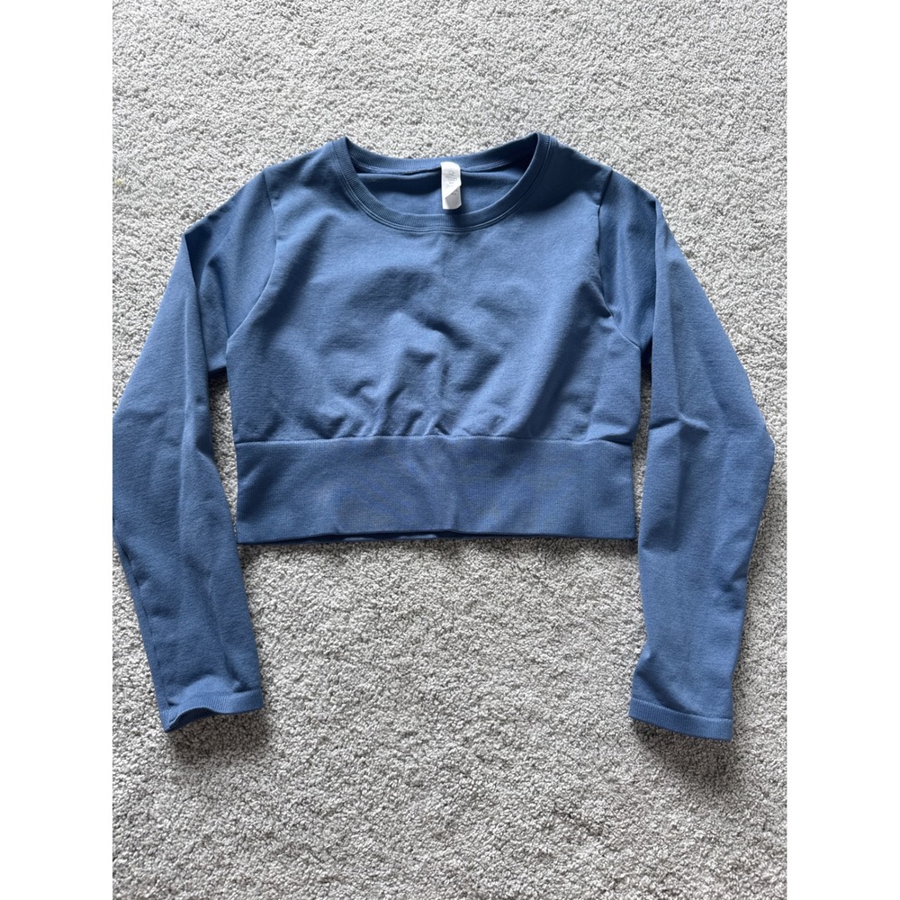 Offline by Aerie Womens Seamless Long Sleeve Crop Top Blue Ribbed Hem Medium